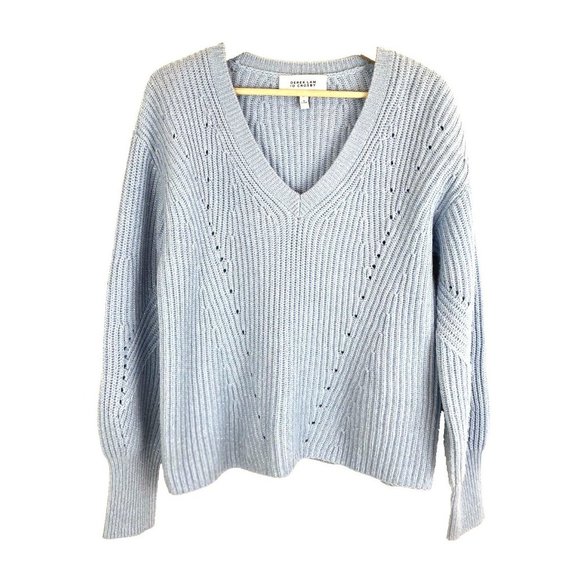 Derek Lam 10 Crosby Sweater Metallic Blue Ribbed V-Neck Bubble Sleeves Small - Picture 3 of 11